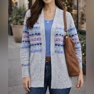 XL Croft & Barrow Open Front Gray Cardigan with Blue and Pink Accents Grey